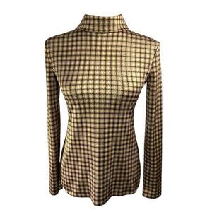 Rokh Women's Small Brown Beige Houndstooth Satin-Jersey Turtleneck Top Size 2-4